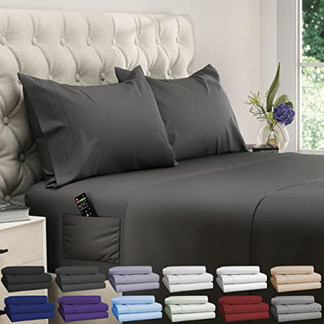 DREAMCARE King Size Sheets Set - Cooling Bed Sheets - 4pcs Set - up to 15" Deep Pocket King Sheet Set – Soft & Long Lasting Cooling - 100% Fine Brushed Polyester with Side Pocket - Gray DREAMCARE