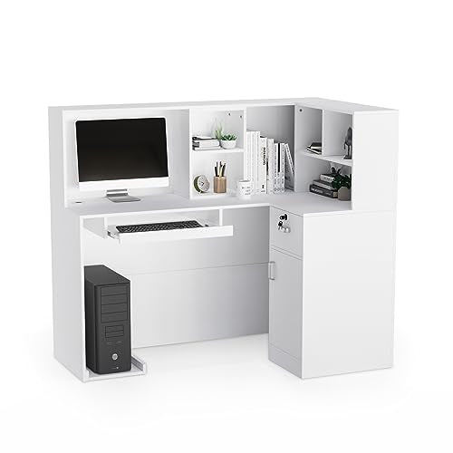 LEADZM Reception Desk, L Shaped Standing Front Desk Reception with Counter, Lockable Drawers & Adjustable Shelf for Salon Office, White(55.9"" W x 18.9"" D x 48"" H), LZRD001 LEADZM