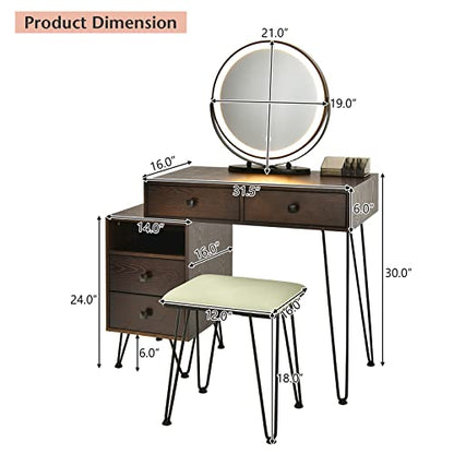 DORTALA Vanity Set, Wooden Makeup Dressing Table with 3 Colors Lighted Mirror & Stool, Left or Right Side Cabinet, Lipstick Storage Box, Large