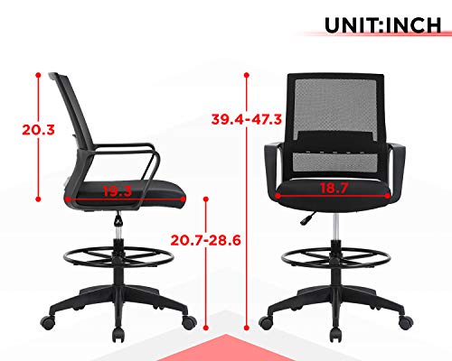 Drafting Chair Tall Office Chair Mesh Ergonomic Mid-Back Desk Chair with Adjustable Foot Ring for Executive Computer Standing Desk, Black FDW