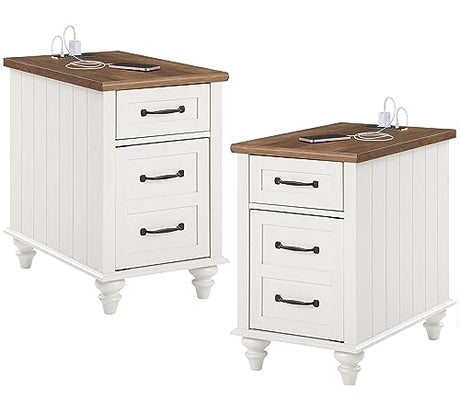 WAMPAT 2 Pack White End Table with Charging Station, Wood Side Sofa Table with Drawer and Storage Cabinet, Modern Nightstand with Power Outlets & USB Ports for Living Room, Bedroom WAMPAT