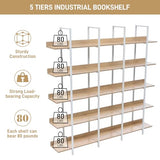 Nahenduo 5 Tier Large Open Bookshelf, Industrial Bookshelf with Back Fence, 400lbs Capacity, Wooden Office Bookcase with Metal Frame for Home Office Living Room, Easy Assembly (Oak and White Frame) Nahenduo