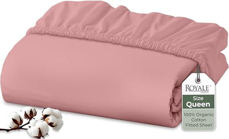 Royale Linens 100% Organic Cotton Fitted Sheet - Percale Weave - Super Soft Deep Pocket Bottom Sheets - Pink Elastic Sheet Queen Size - Queen Fitted Sheets Only - (60"x80"+15", Pink) ROYALE LINENS