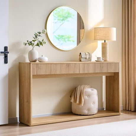 OKD 63" Fluted Console Table for Entryway, Modern Entryway Table with 2 Large Drawers, Long Sofa Table Behind Couch for Living Room, Hallway, Couch, Foyer，Natural Oak OKD