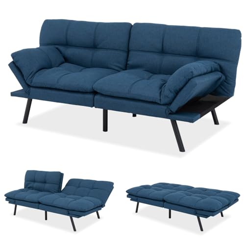 MUUEGM Futon Sofa Bed, 71" Convertible Linen Memory Foam Couch Bed, Modern Backrests Armrests Love Seat for Living Room,Apartment,Office,Blue Sleeper Couch MUUEGM