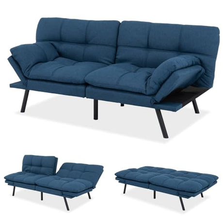 MUUEGM Futon Sofa Bed, 71" Convertible Linen Memory Foam Couch Bed, Modern Backrests Armrests Love Seat for Living Room,Apartment,Office,Blue Sleeper Couch MUUEGM