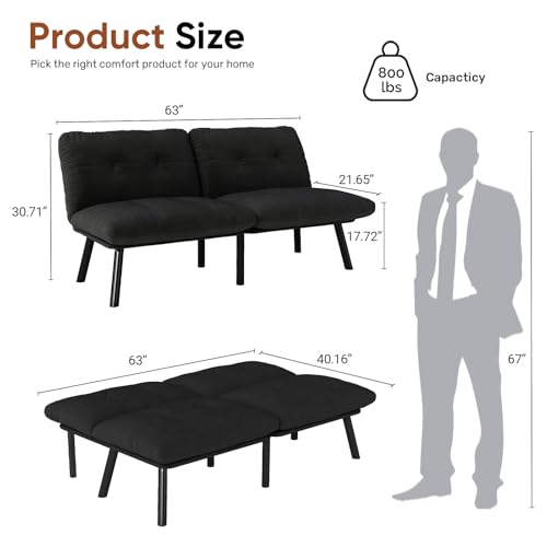 homeokay Futon Sofa Sleeper Couch Bed with Adjustable Backrest Thick Cushion Velvet Fabric for Department Living Room Lounge Sofa Loveseat (Black) homeokay