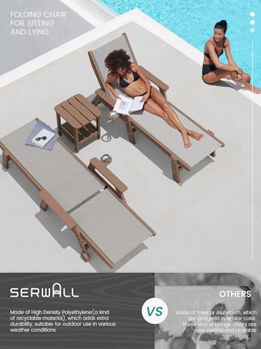 SERWALL Textilene Patio Chaise Lounge Chair Set of 2, 5 Positions Outdoor Lounger with Rolling Wheels for Pool, Deck, Brown