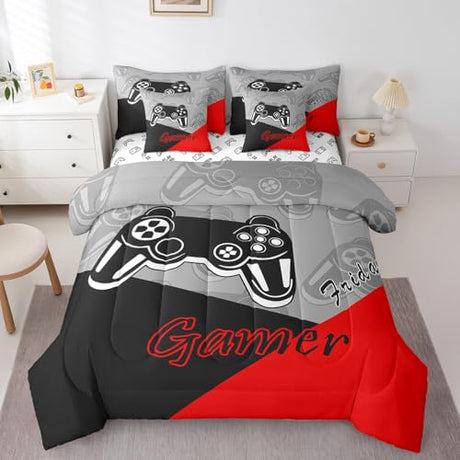 Feelyou Gamer Comforter Set with Sheets for Boys Teens Gaming 7 Piece Bedding Set King Size Video Game Contoller Home Bed in a Bag Decor for Kids Bed Set Feelyou