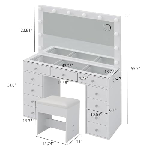 Vanity Desk with Mirror, Makeup Table with Power Outlet and 11 Lights, Set 3 Lighting with RGB Drawers, Vanity Table with 11 Drawers and Cushioned Stool for Bedroom, Dressing Room (White) CollaredEagle