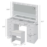 Vanity Desk with Mirror, Makeup Table with Power Outlet and 11 Lights, Set 3 Lighting with RGB Drawers, Vanity Table with 11 Drawers and Cushioned Stool for Bedroom, Dressing Room (White) CollaredEagle
