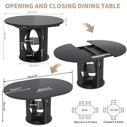 Black Extendable Round Conference Room Table for 4-6, 43-59 Inch Oval Meeting Room Table with Storage, Wooden Circle Desk with Leaf, Space Saving, for Office, Conference Room, Boardroom, Seminar Xyulmeo
