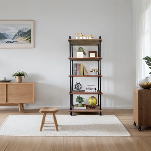 Anynice Industrial Bookshelves, Wood Pipe Bookshelf, 5 Shelf Rustic Display Storage Tall Standing Shelf Bookcase for Living Room, Kitchen, Office (Weathered Brown, 29.5" L x 11.8" W x 70" H) Anynice