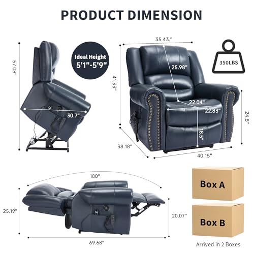 EZZUP Genuine Leather Power Lift Recliner Chair, Lazy Boy Recliner Chair with Charging Ports for Living Room Theater Seating, Electric Single Sofa with Round Armrest, Blue