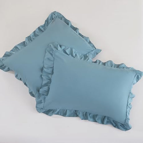 JANZAA Comforters Queen Size Mineral Blue Comforter Set Queen 3PCS(1 Ruffled Comforter Set and 2 Pillowcases) Shabby Chic Bedding Vintage Soft Fluffy Bed Set for All Season JANZAA