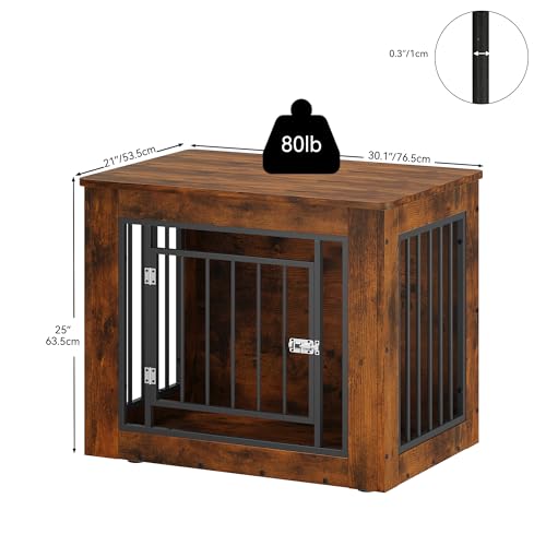 YITAHOME Dog Crate Furniture for Medium Dogs, Side End Table, Modern Dogs Kennel Indoor up to 35 lb, 2-in-1 Iron-Wood Fusion Dog Cage with Waterproof Top, Safety Corners,Steel Lock,30"L, Rustic Brown