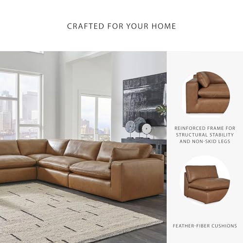 Signature Design by Ashley Emilia Modern Modular Leather Match 5-Piece Sectional with Loose Back Cushions and 2 Bolster Pillows, Light Brown Signature Design by Ashley
