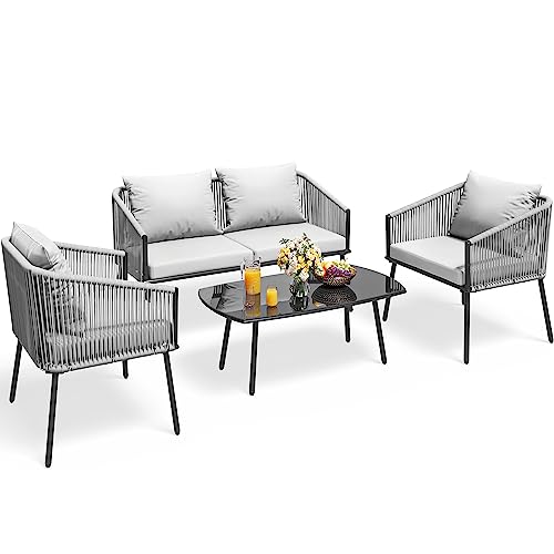 YITAHOME 4-Piece Patio Furniture Wicker Outdoor Bistro Set, All Weather Rattan Loveseat Gray Rope Conversation Sets with Soft Cushions and Side Table for Backyard, Balcony and Deck, Gray - WoodArtSupply