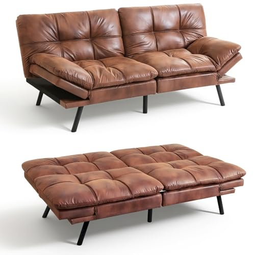 Vipbear 71" Futon Sofa Bed - Convertible Sofa Beds/Adjustable Backrest & Armrest, Comfy Loveseat Sleeper for Small Spaces, Apartments & Offices,Faux Leather Brown Futons Vipbear