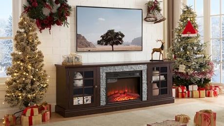 70" W Modern Electric Fireplace with Mantel, Fireplace TV Stand with Realistic Stacked Stone, 3D Flame Effect, Entertainment Center for TVs Up to 75", TV Console Table for Living Room (70" W & Cherry) Eyisean
