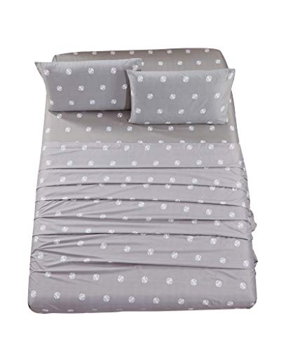 Chezmoi Collection 4-Piece Kids/Teens Sports Sheet Set - Soft Microfiber Gray White Baseball, Queen Size Chezmoi Collection