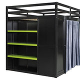 Linique Full Size Gaming Loft Bed with Desk, LED Lights and Charging Station, Wood Loft Bed Frame with Wardrobe, Open Shelves, Blackout Curtains, for Kids Teens Adults, Black+Green Linique