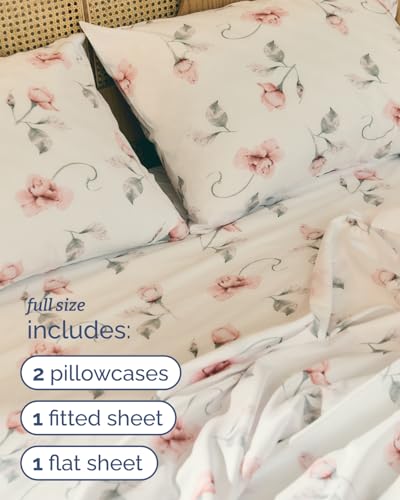 Floral Sheets - Floral Rose Bed Sheet Set - 1 Flat, 1 Fitted & 2 Pillowcases w/ Deep Pockets - Comfy, Wrinkle & Fade Free - Boho Botanical Bedding - Ultra-Soft, Breathable & Cooling - Full Size Set CGK Unlimited