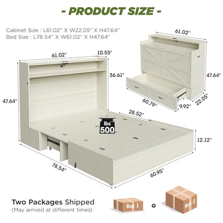 Maupvit Queen Size Murphy Bed, Foldable Bed with Charging Station and Storage Drawer, Farmhouse Platform Bed Cabinet for Guest Room, Living Room, Office, Small Spaces, Space Saving, Vintage White Maupvit