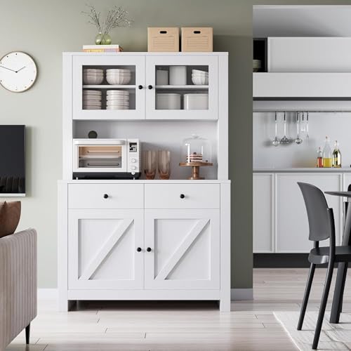 GarveeHome Kitchen Pantry Cabinet with Microwave Stand, Freestanding Hutch Cabinet with Buffet Cupboard, Tall Kitchen Cabinets with Adjustable Shelves for Dining Room, White GarveeHome