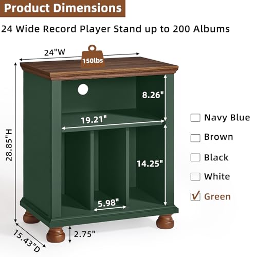Joaxswe Record Player Stand with Vinyl Record Storage, 24" Wide Mid-Century Record Player Table Up to 200 Albums,Large Wood Turntable Stand Cabinet Dispaly Shelf for Living Room,Bedroom,Green Joaxswe
