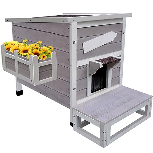 HiCaptain Outdoor Cat House, Weatherproof Feral Cat House with Escape Door, Outside Wooden Single Story Pet House for Cats, Puppies and Small Pet - Grey HiCaptain