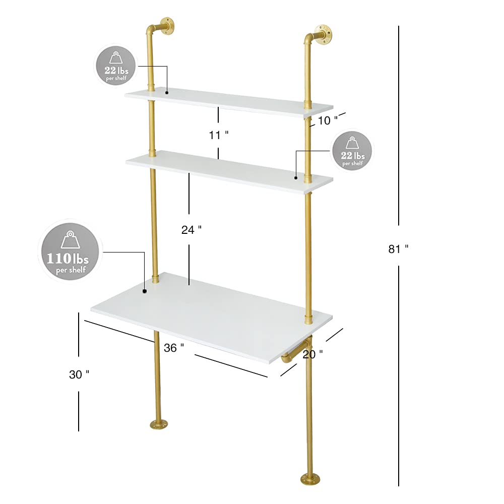 MAIKAILUN White and Gold Desk, 36" Ladder Desk, Wall Mount Computer Writing Table Pipe Shelf Shelving Mini Narrow Industrial Modern for Small Spaces(36x20x81) MAIKAILUN