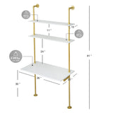 MAIKAILUN White and Gold Desk, 36" Ladder Desk, Wall Mount Computer Writing Table Pipe Shelf Shelving Mini Narrow Industrial Modern for Small Spaces(36x20x81) MAIKAILUN