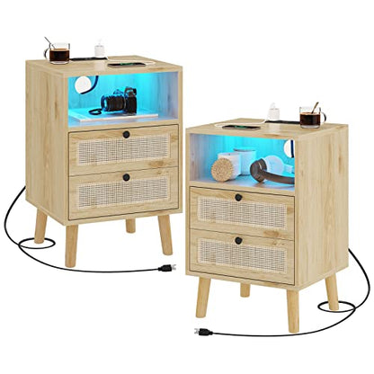 VIAGDO Rattan Nightstands Set of 2, Nightstands with Charging Station & LED Lights, Bed Side Tables with Hand Made Rattan Drawers & Open Storage, End Table, Wood Night Stands for Bedroom, Nat - WoodArtSupply