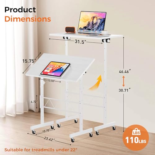 GTRACING Standing Desk Adjustable Height & Tiltable Tabletop, 32 Inch Portable Desk for Home Office Stand Up Work and Walking Pad Treadmill, Small Mobile Computer Table for Laptop, White GTRACING