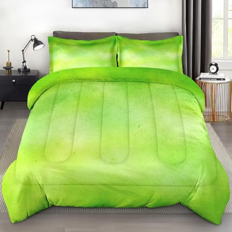 Zzzboro Comforter Set with 2 Pillowcases Queen Size, Modern Lime Green Lemon, Bed Decor Watercolor Pastel Dye Stained Abstract for Kids and Adults, Soft Cozy Bedroom Bedding Set Zzzboro