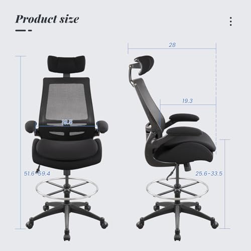 WITTLONG 400lbs Ergonomic Drafting Tall Office Chair for Adjustable Standing Desk with Flip-Up Arms, Headrest (with Footring, Black) WITTLONG