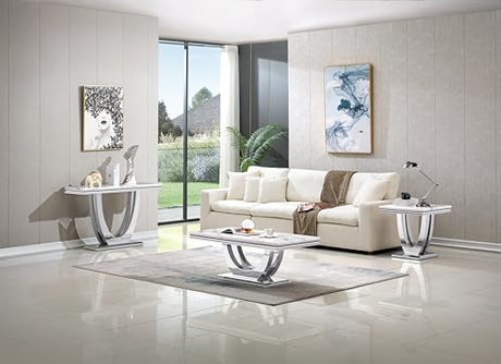 47" Marble Console Table Luxury Silver Sofa Table with Geometric U-Shape Stainless Steel Pedestal Modern Long Console Sofa Table White Marble Entryway Hall Table for Living Room Hallway Goujxcy