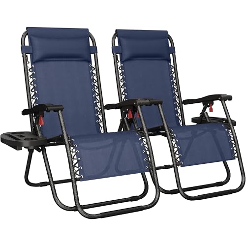 Yaheetech Zero Gravity Recliners Outdoor Adjustable Folding Reclining Lounge Chairs w/Pillows, Cup Holder Trays and Carry Strap for Patio Backyard Beach Navy Blue Set of 2