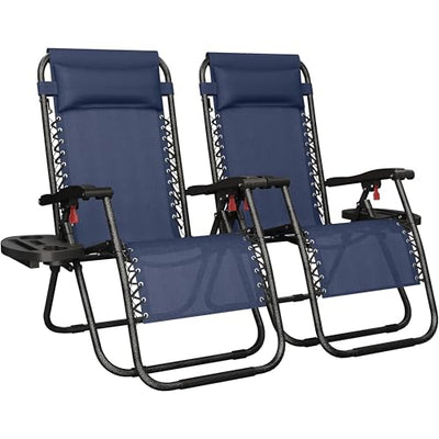 Yaheetech Zero Gravity Recliners Outdoor Adjustable Folding Reclining Lounge Chairs w/Pillows, Cup Holder Trays and Carry Strap for Patio Backyard Beach Navy Blue Set of 2