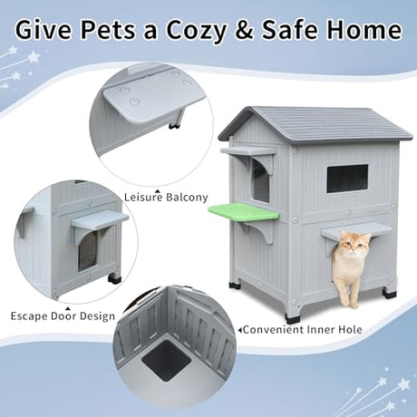 Weatherproof Outdoor Insulated Cat House for Feral Multi Cat, 2 Storey Plastic Elevated Cat Shelter with Escape Door, Easy Assemble, Expansive Interior‌ Grey 34" D x 21" W x 21.5" H HiCaptain