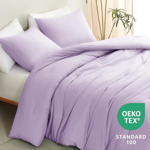 CozyLux Lavender Full Size Comforter Set, 3 Pieces Light Purple Solid Breathable Quilted Boho Bedding Sets, Luxury Fluffy Soft Bed Set with Down Alternative Comforter and 2 Pillowcases for All Season CozyLux