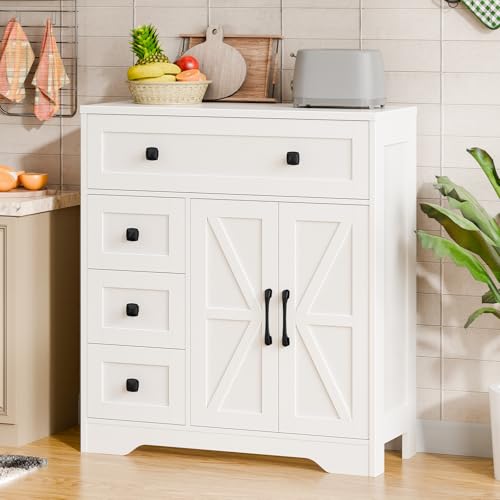Vabches Farmhouse Storage Cabinet with 2 Doors and 4 Drawers, Freestanding Bathroom Storage Cabinet Kitchen Pantry, Floor Hutch Cupboard for Living Room/Bathroom/Kitchen,(Unique White) Vabches