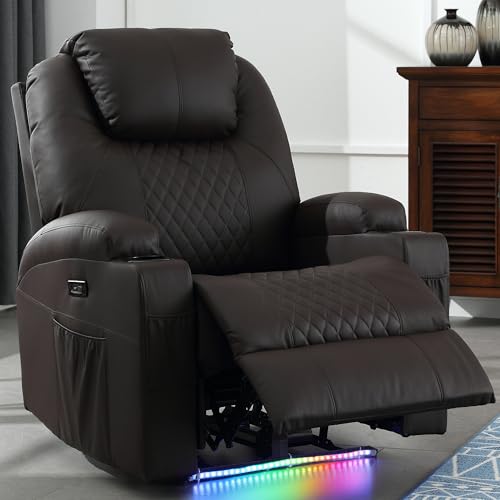 IBTKIG Power Recliner Chair with Massage and Heat, Leather Home Theater Seating with LED Lights/Cup Holders/Side Pocket/USB Port, Reclining Sofa Chair for Living Room (1, Brown)