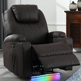 IBTKIG Power Recliner Chair with Massage and Heat, Leather Home Theater Seating with LED Lights/Cup Holders/Side Pocket/USB Port, Reclining Sofa Chair for Living Room (1, Brown)