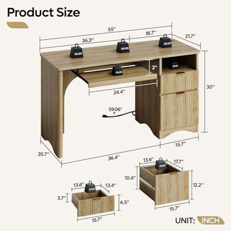 Bestier Computer Desk with Drawer, 55 inch Office Desk with Power Outlet, Modern Home Office Desk with Keyboard Tray (Natual Oak, 55" W with Single-Sided Drawers) Bestier