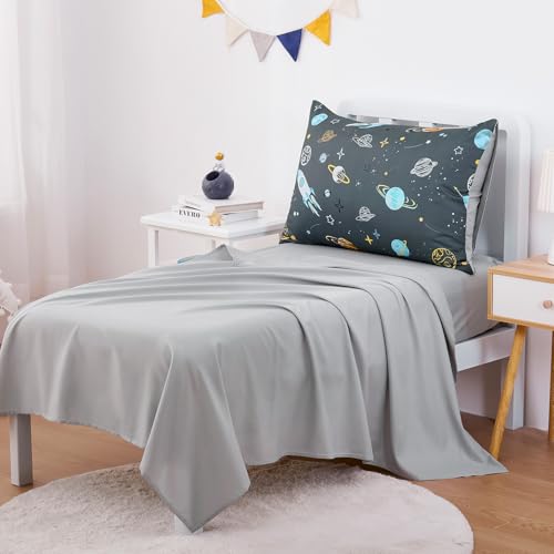 Wake In Cloud - Toddler Bedding Set for Boys, Space Rocket Planet Star, 4 Pieces Soft Crib Bed Set Including Comforter, Sheets and Pillowcase, Gray Wake In Cloud