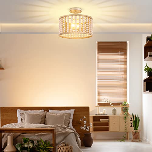 Wood Beaded Chandelier - Farmhouse Boho Light Fixture, Rustic Semi Flush Mount Ceiling Light, Oak 2 Lights Nursery Light Fixture for Hallway Foyer Bedroom Kitchen Island Living Room, E26 Base Frelii