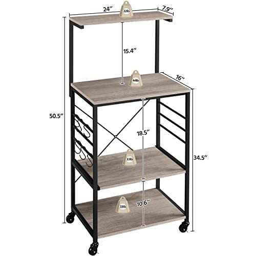 Yaheetech Kitchen Bakers Rack on Wheels(16D x 24W x 50H Inches), Microwave Stand Kitchen Cart, Rolling Coffee Bar Cart with 6 S-Side Hooks and Adjustable Feet, Utility Storage Shelf, Gray