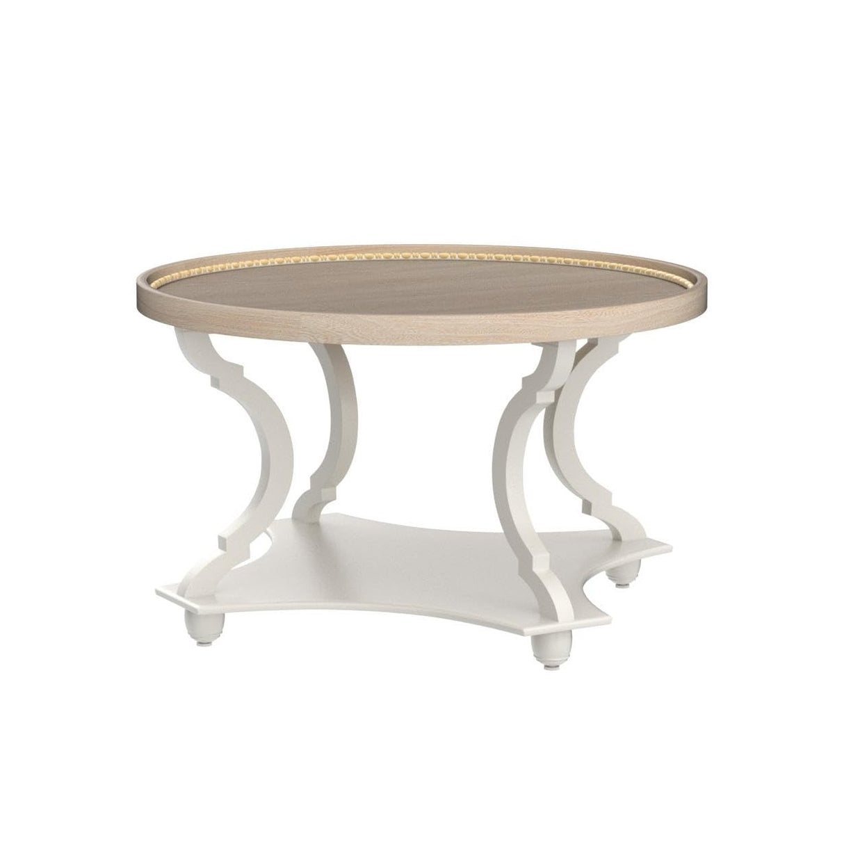 Wnutrees Farmhouse Round Coffee Table, Rustic Circle Coffee Table with Wood Tray Top for Living Room, Boho Coffee Table with Storage Shelf, Handcrafted Finish, White Wnutrees